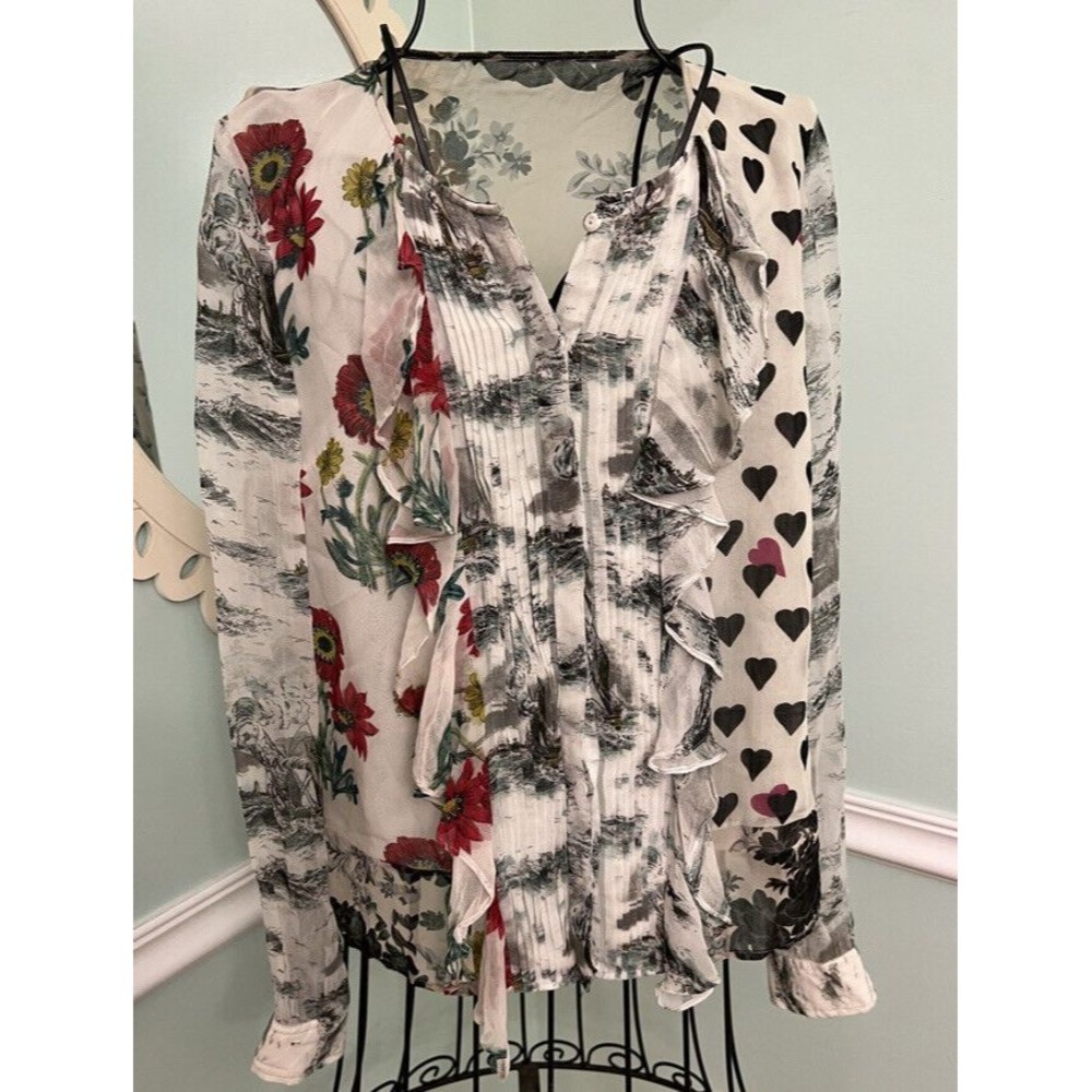 Leifnotes Top Size 4 In Spades Blouse Floral Heart Ship Print‎ Sheer